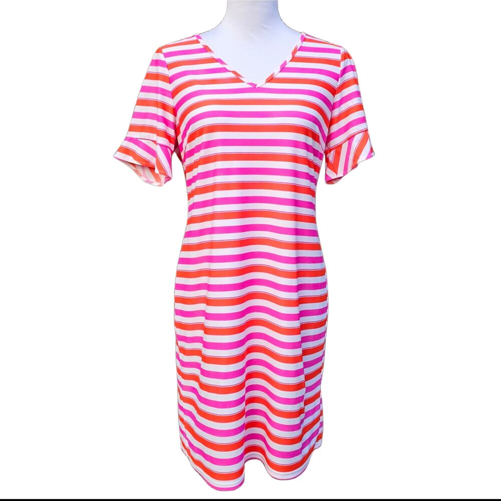 Jude Connally Nina Dress Size S Pink Orange Stretch Vneck Ruffle Bright Stripe